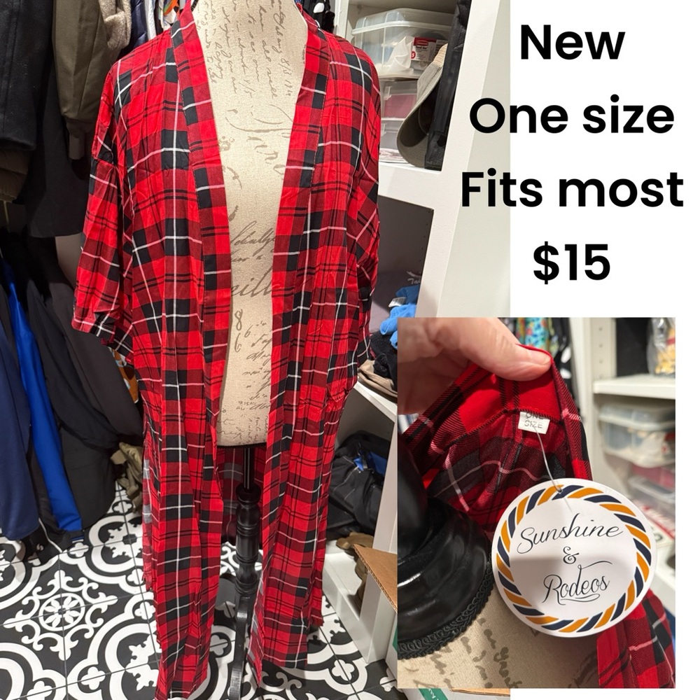 Red Plaid One-Size Womens Duster Kimono